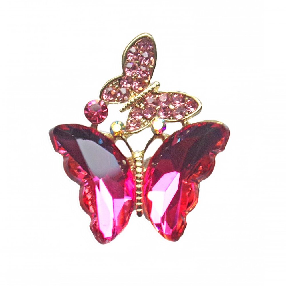 Pink crystal double butterfly pin brooch with large and small butterflies